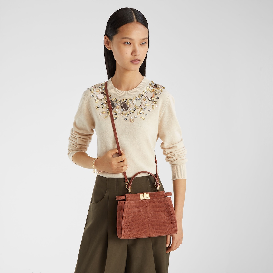 FENDI Peekaboo Mini Sienna brown nubuck crocodile leather bag - Image 3